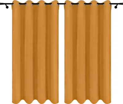 Two mustard yellow curtains hanging from a curtain rod against a white background.
