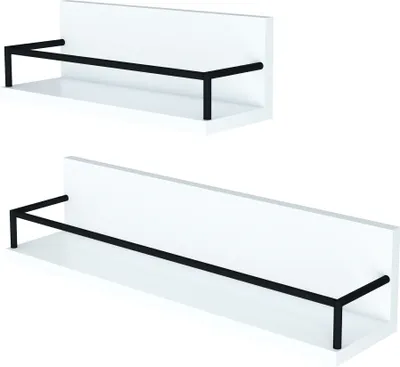 Two white wall shelves with black metal supports are shown against a white background.