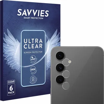 A product package for screen protectors and a close-up of a smartphone's camera lenses with protective films applied.