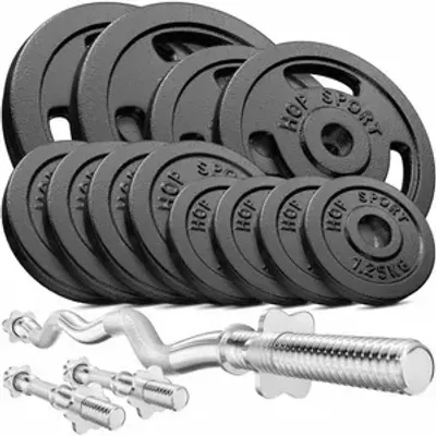 Produktbild von Hop-Sport Guss Hantel-Set 57kg  SZ-Stange Kurzhantelstange 30mm, 1x Curlstange, 2x Kurzhanteln, 2x10kg, 2x5kg, 4x2,5kg, 4x1,25kg