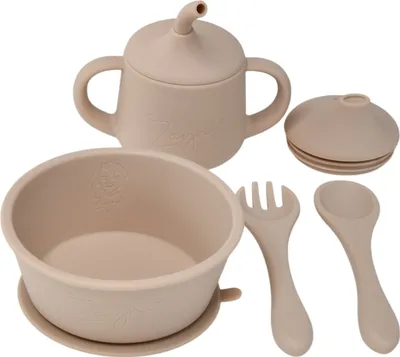 Produktbild von Zayno® Silikon-Geschirrset für Babys "Tischlein Deck Dich" in Seidenbraun | 6-teilig, BPA-frei, Spülmaschinenfest, hitzebeständig, Saugfuß