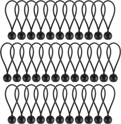 Image de 35 x boules de copeaux de bungee noires (10 cm) Corde élastique pour bâches - Crochet portable durable pour bannières, bâches de couverture, pavillons, tentes - Idéal pour le camping et la voile.