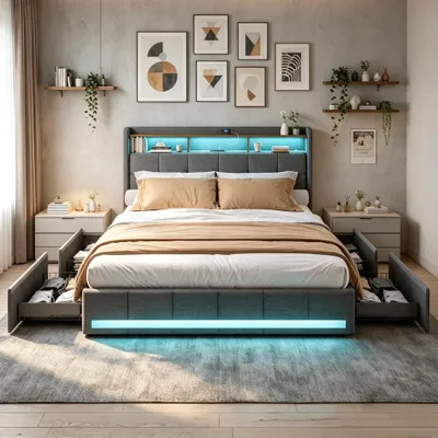 Produktbild von INONEFT Polsterbett 180x200cm mit USB-Ladefunktion, Jugendbett Doppelbett mit 4 Schubladen, Stauraumbett mit Lattenrost und LED, Leinen, Grau