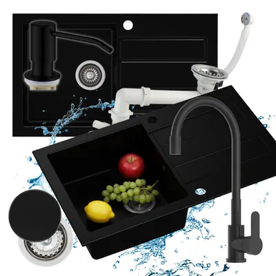 Produktbild von SET Granitspüle - Spülbecken - Küchenspüle - 78 x 47 cm, Armatur, Spender, Abflussdeckel, Einbauspüle 1 Becken, Siphon Platzsparend, Schwarz, Porto