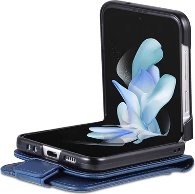 Produktbild von Leder Hülle für Samsung Galaxy Z Flip5, Klapphüllen Brieftasche Magnetverschluss Schutzhülle Blau