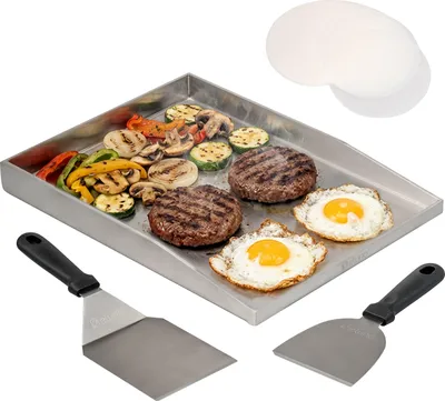 Obrázek produktu pro Sada grilovacích desek eluno Plancha včetně 1x desky Plancha, 1x obracečky, 1x špachtle, 20x papírových podložek na burgery z nerezové oceli