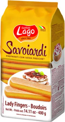 A package of lady fingers biscuits with an image of tiramisu.