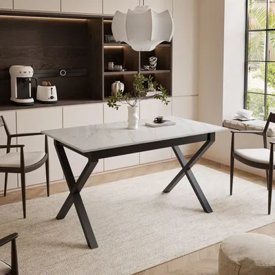 Produktbild von ARTON II ausziehbarer Tisch 140 cm, Schwarze Metalbeine X, Tischplatte Farbe: Marmor Levanto