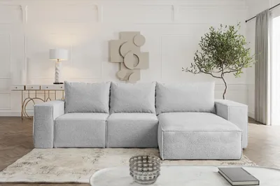 Produktbild von Ecksofa Sofa mit Schlaffunktion ESTELLE Stoff Abriamo Hellgrau Ottomane Rechts