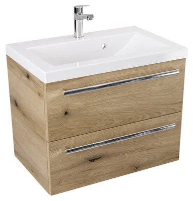 Produktbild von ATHD Wandhängender Waschtischunterschrank mit Waschbecken 60 cm - Evoke  Matt Eiche - Chromgriffe