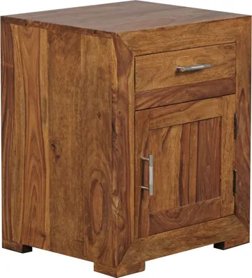 Produktbild von Nachttisch MUMBAI Massivholz Sheesham Design Nachtkommode 60 cm mit Schublade und Tür Nachtschrank für Boxspringbett