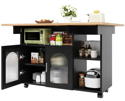 Image de Îlot de cuisine sur roulettes avec plateau rabattable, couleur noire, dimensions : 120 x 30 x 79,5 cm