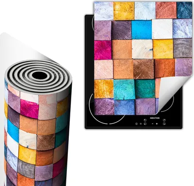 Obrázek produktu pro Kryt na varnou desku 45 x 52 cm, protiskluzová rohož na sklokeramickou desku, srolovatelná, mozaika, dřevo, barevná
