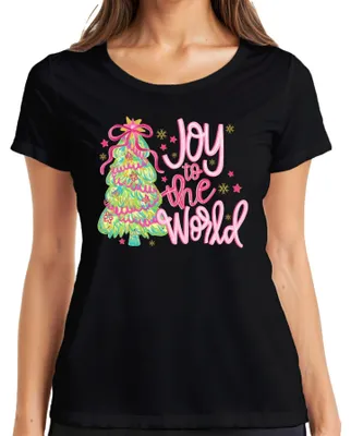 Obrázok produktu pre Joy to the World Christmas Tree Vianočný darček Ružové trblietavé dámske tričko, čierna farba, S