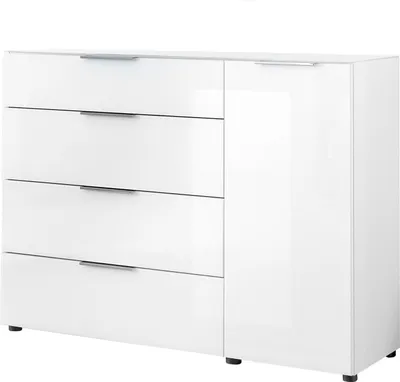 Produktbild von Kommode - 135 x 99 cm - 1 Tür - 4 Schubladen - Weißglas - Weiß matt