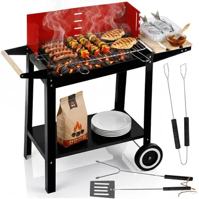 Produktbild von Holzkohlegrill mit Rädern und Ablagen – Grillwagen 50×26,5 cm mit Zubehör für Garten und Terrasse