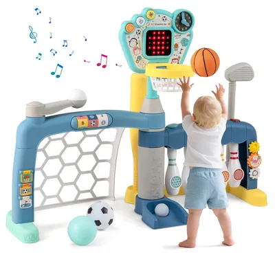 Immagine prodotto di Giocattolo sportivo 5-in-1 per bambini piccoli - Centro attività per bambini - Canestro da basket regolabile - Porta da calcio, golf, bowling, baseball - Multicolore