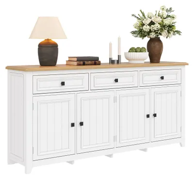 Immagine prodotto di Mobile bar Moonbite, 160 cm, con 4 ante e 3 cassetti, mobile contenitore bianco con piano superiore effetto legno, divisori regolabili, pannello MDF, bianco