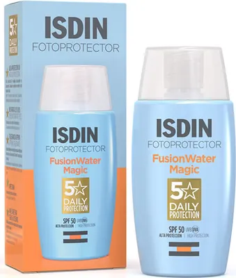 A product shot of ISDIN FOTOPROTECTOR FusionWater Magic SPF50 sunscreen, with its packaging on the left and the bottle on the right.