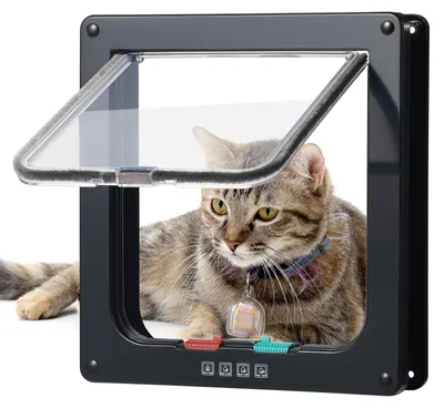 Imagen del producto de Puerta para gatos con cerradura de 4 direcciones, resistente a la intemperie, tamaño L, para puertas interiores y exteriores