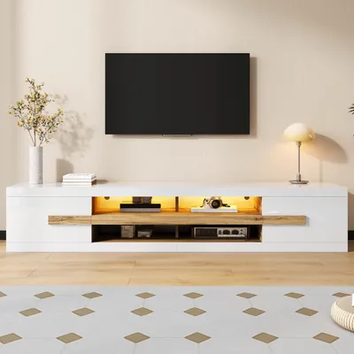 Obrázok produktu pre TV komoda Merax s LED osvetlením, ovládaným cez aplikáciu, TV komoda s 2 dvierkami a otvorenými priehradkami, TV skrinka s úložným priestorom z drevotriesky, televízna skrinka, biela