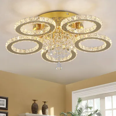 Immagine prodotto di Lampada a sospensione con cristalli, 5 anelli cromati, 30W LED, acciaio inossidabile
