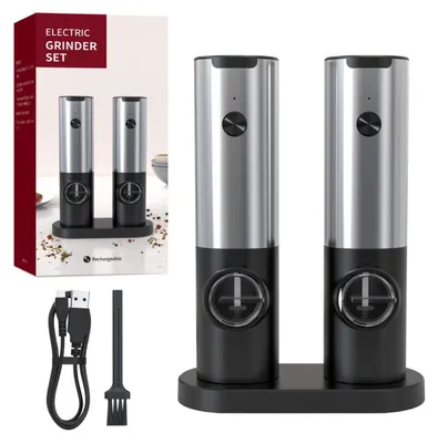 Produktbild von 2 Stück über USB wiederaufladbare elektrische Salz- und Pfeffermühlen, einstellbare Grobheit, wiederaufladbares Mahlwerk, batteriebetriebenes Küchengerät