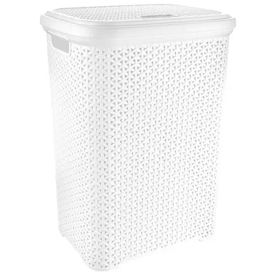 A white laundry basket with a lid and a woven texture.