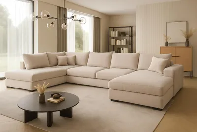 Produktbild von Ecksofa FABIO 328x182 cm mit Schlaffunktion, Bonellfederkern und Bettkasten, Farbe Beige