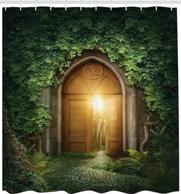 Produktbild von ABAKUHAUS Fantasie Duschvorhang, Sunbeams Durch Den Mysteriösen Halb Geöffneten Hölzernen Eingang Mit Grün, Stoffliches Gewebe Badezimmerdekorationsset mit Haken, 175x200 cm, Grün und Brown
