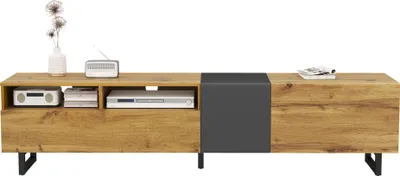 Produktbild von Colorblock-TV-Schrank, einfaches Kontrastfarbdesign, drei Türen und zwei Fächer, U-förmige Metallbeine, Retro-Holzmaserung