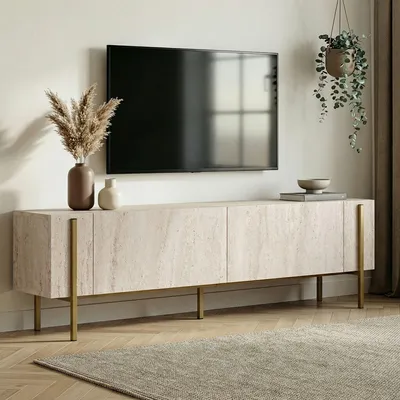 Immagine prodotto di Skye Decor, mobile TV di alta qualità, travertino e oro, 180 x 30 x 45 cm | Pannello truciolare rivestito al 100% in melamina, spessore 18 mm | Gambe in metallo, design moderno per interni eleganti.