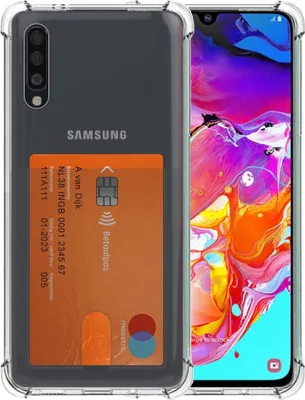 Zdjęcie produktu dla Etui na telefon Smartphonica do Samsunga Galaxy A70 z uchwytem na kartę, przezroczysty silikon - przezroczyste, odporne na wstrząsy etui z TPU z kieszenią na kartę