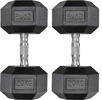 Obrázek produktu pro Hexagonální činky – sada 2 kusů – 2 x 20 kg – litinové, s gumovým povrchem – protiskluzová, ergonomická rukojeť – pro posilování