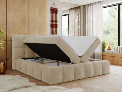 Produktbild von MKS MEBLE Boxspringbett, Doppelbett NIRA mit dekorativem Kopfteil, Multipocket-Matratze und Topper, Polsterbett mit Bettkästen - 200 x 200 cm - H3 - Creme Plüsch