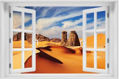 Produktbild von Wallario Wandbild mit Fenster-Illusion: Felsen und Sand in der Sahara Wüste, Größe: 61 x 91,5 cm, Poster mit weißem Aluminiumrahmen
