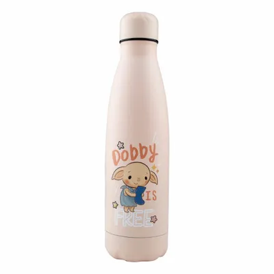A pink insulated water bottle with a cartoon illustration of Dobby from Harry Potter.
