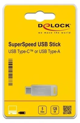Produktbild von DeLOCK USB 5 Gbps USB-C + Typ-A Speicherstick 128 GB - Metallgehäuse, 128 GB, USB Type-A / USB Type-C, 3.2 Gen 1 (3.1 Gen 1), 71 MB/s, Drehring, Silber