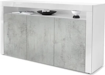 Produktbild von Vladon Sideboard Valencia,  Germany, Kommode mit 3 Türen und 1 offenem Fach, Weiß matt/Beton Oxid Optik/Weiß Hochglanz (155 x 92 x 40 cm)