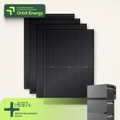 Produktbild von Balkonkraftwerk universal mit 4 Modulen & Speicher Avocado Orbit M (6,33 kWh) - 5m Anschlusskabel - priBasic Duo
