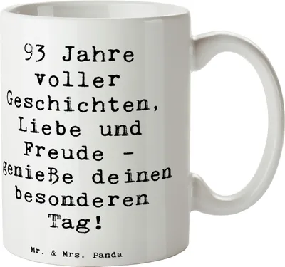 Produktbild von Mr. & Mrs. Panda Teetasse Spruch 93. Geburtstag Freude - Weiß - Geschenk, kaffeetasse bedruckt, Neunzigster, Happy Birthday, cappuccinotasse, Tasse, Weisheit, Becher