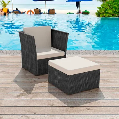 Produktbild von Gartensessel mit Fußhocker Poly Rattan Schwarz