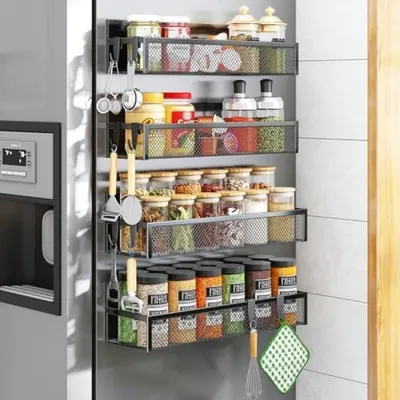 Produktbild von PromoHome® Magnetische Kühlschrankregal-Set – 4 Regale mit Haken für Küchenorganisation, Schwarz, 31x10x8 cm