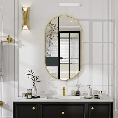 Image de Miroir mural ovale, 43 x 76 cm, en verre trempé, finition dorée. Miroir de salle de bain et de maquillage sans distorsion, pouvant être fixé horizontalement ou verticalement, idéal pour les chambres, les couloirs et les salons