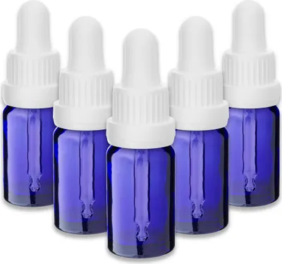 Produktbild von 5x Blaue Glasflasche 10 ml mit weißer Pipette Apothekerflasche 18 mm