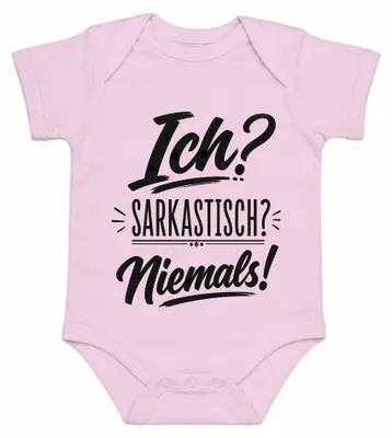 Productafbeelding van Ik? Sarcastisch? Nooit! Grappig, ironisch, spreuk, statement, sarcasme. Babyromper, roze, maat 12/18