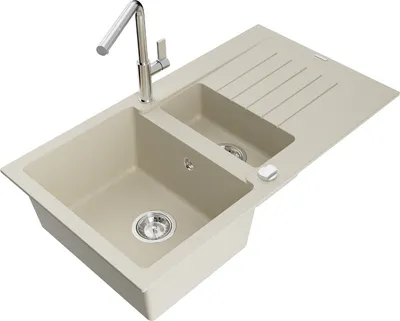 Produktbild von Mexen Matias 1,5-Becken-Granitspüle mit Abtropffläche und Mischbatterie Flora, Beige - 6502-69-670401-00