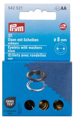 Ösen mit Unterlegscheiben, 8 mm, schwarz/silber, 32 Stück