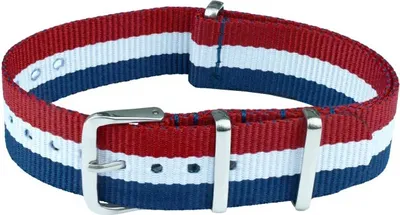 Produktbild von ClassicWatchStraps Nylon Uhrenarmband - Rot/Weiß/Blau, 22 mm, Silber poliert