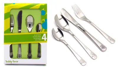 Produktbild von 4 teiliges Teddybär Kinder-Besteckset | bestehend aus Gabel Messer Löffel und Dessertlöffel | Edelstahl 18/10